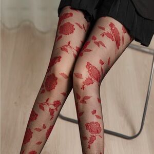 Elegant Floral Red Tights
